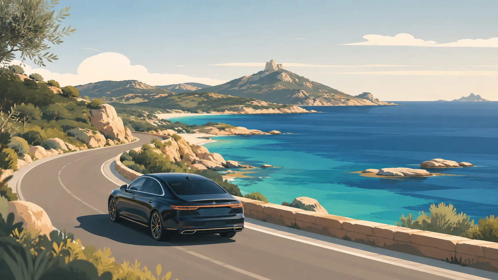 Illustrazione di una berlina su una strada panoramica della Gallura